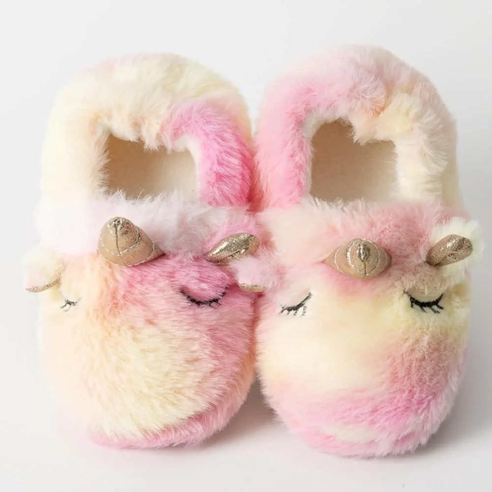 Unicorn Plush Slippers‎ with No- slip Rubber Sole in Pink and Cream, 7-8